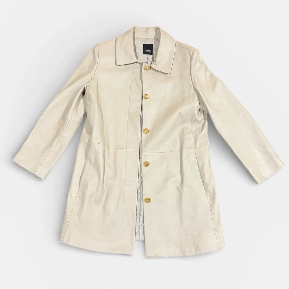 Vintage Ilda Park Choon Moo Leather Coat Cream Beige Mid Length‎ Small